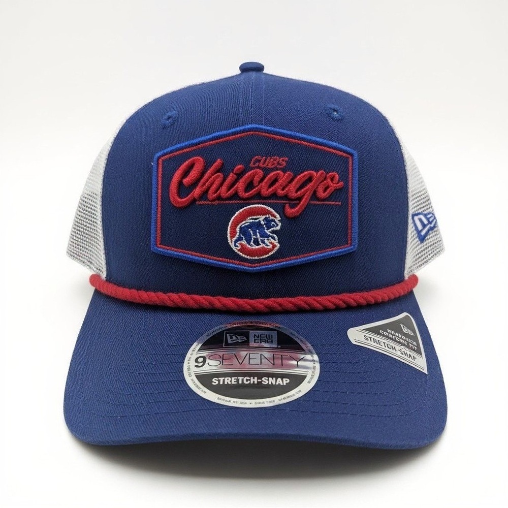 New Era 9SEVENTY Chicago Cubs Hat Blue White Mesh Stretch-Snap Trucker MLB Cap